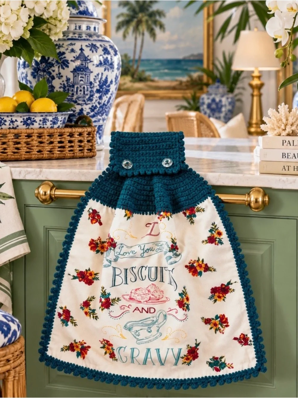 Pioneer Woman Biscuits & Gravy Crochet Hanging Kitchen Towel Teal